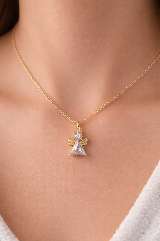 Angel Rhinestone Charm Gift Necklace - Gold