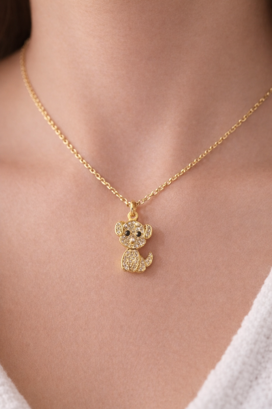 Wagging Dog Rhinestones Charm Gift Necklace - Gold