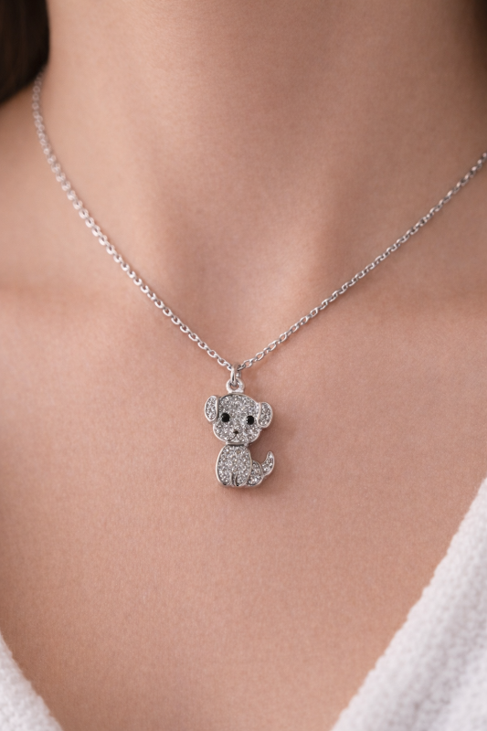 Wagging Dog Rhinestones Charm Gift Necklace - Silver