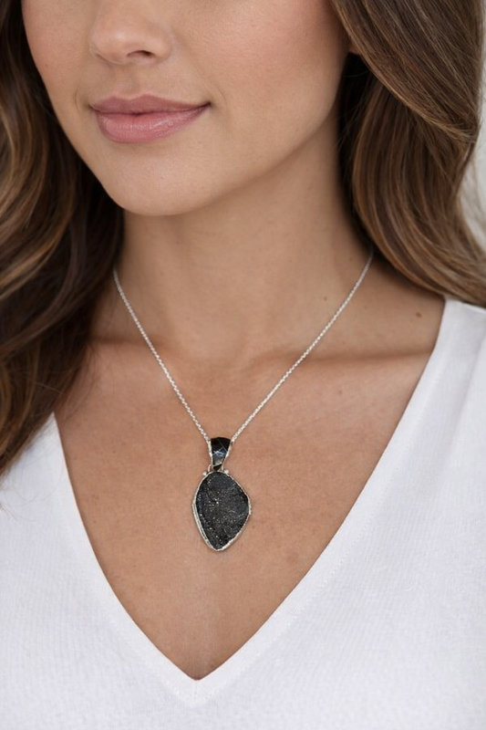 Charcoal Black Druzy Pendant Necklace by Ed Lohman