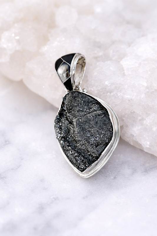 Charcoal Black Druzy Pendant Necklace by Ed Lohman
