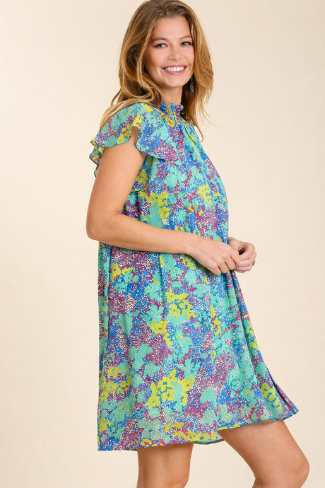 Umgee Abstract Print Mock Neck Dress - Emerald Mix
