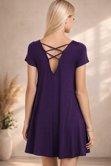 Keep It Simple Cross Back Dress - Eggplant Purple