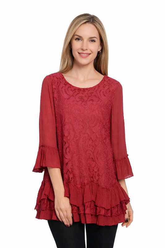Lace Tunic Layer Ruffle Tiered Hem - Crimson Red