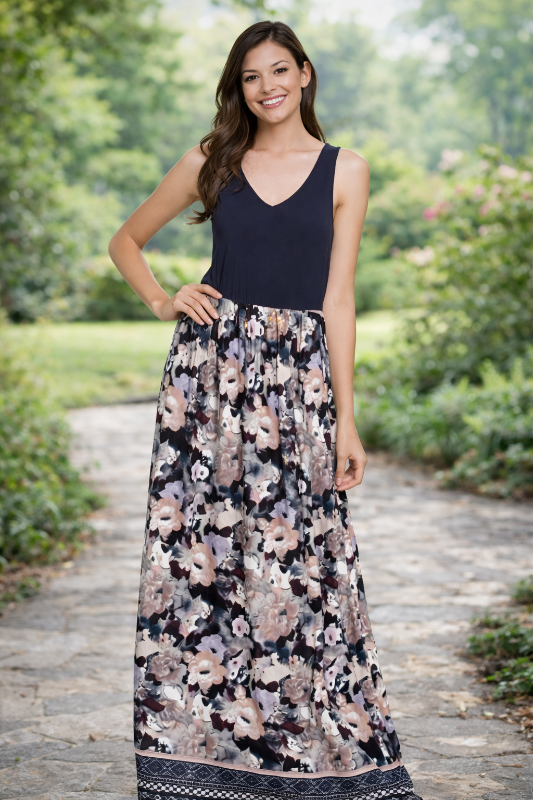Doe & Rae Floral Print Jersey Maxi Dress - Navy