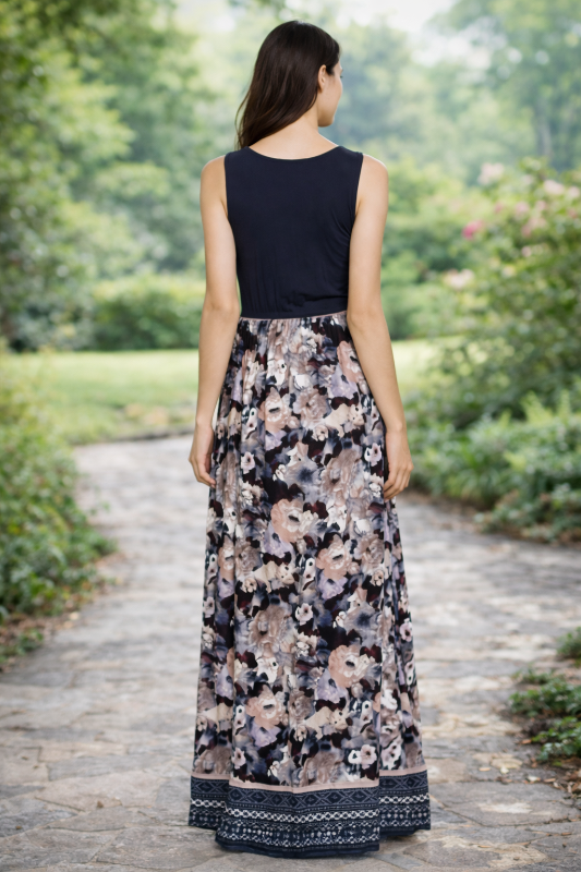 Doe & Rae Floral Print Jersey Maxi Dress - Navy
