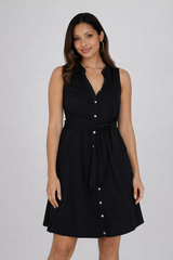 Angie Button Down Waist Tie Shirt Dress - Black