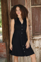 Angie Button Down Waist Tie Shirt Dress - Black
