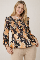 Hayden Floral Smocked Peplum Top - Black