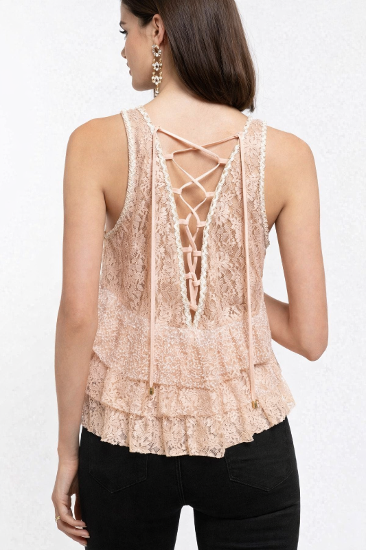 POL Tiered Lace Up Back Top - Blush