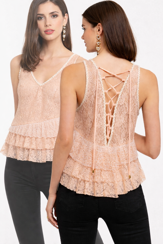 POL Tiered Lace Up Back Top - Blush