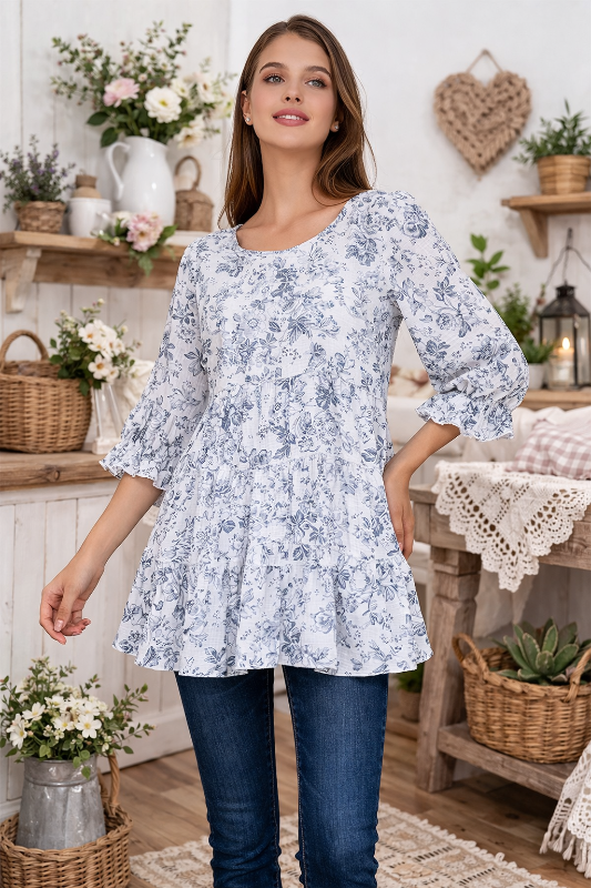 Sassy Bling Blue Roses Layer Ruffle Tunic