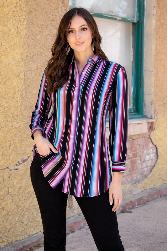 L&B Western Farmhouse Purple Serape Button Up Tunic Shirt