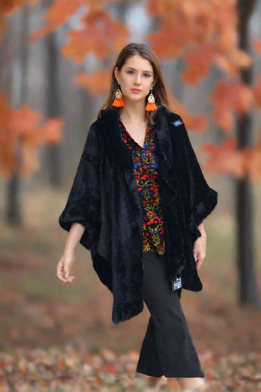 Victoria Leland Fuzzy Kimono Cape Poncho - Black