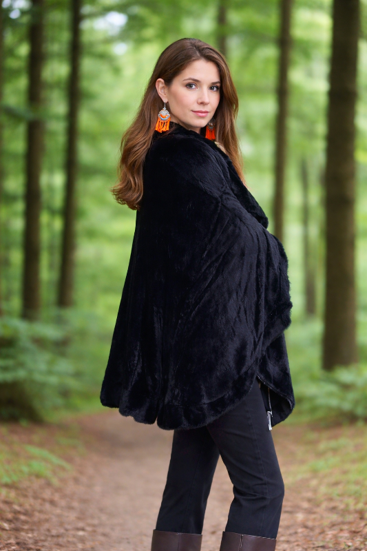 Victoria Leland Fuzzy Kimono Cape Poncho - Black