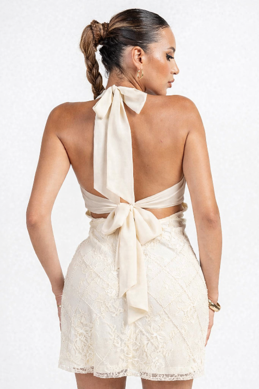 Halter Tie Back Lace Mini Dress - Ivory