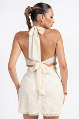 Halter Tie Back Lace Mini Dress - Ivory