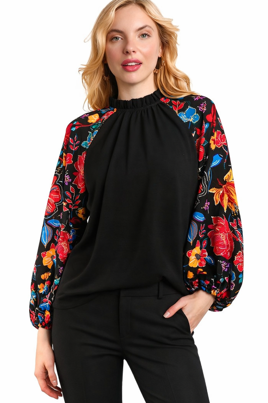 Frilly Mock Neck Top Floral Sequin Print - Black