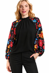 Frilly Mock Neck Top Floral Sequin Print - Black