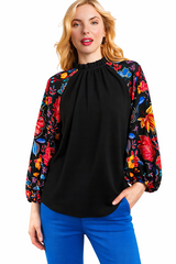 Frilly Mock Neck Top Floral Sequin Print - Black