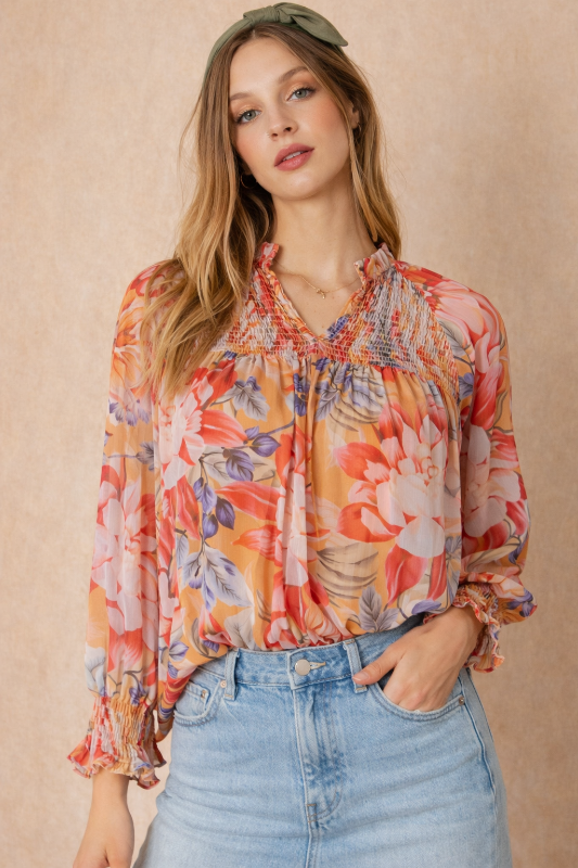 Peach Multi Floral Smocked Boho Blouse