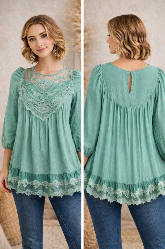 Entro Crochet Babydoll Blouse - Sage