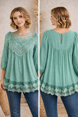 Entro Crochet Babydoll Blouse - Sage