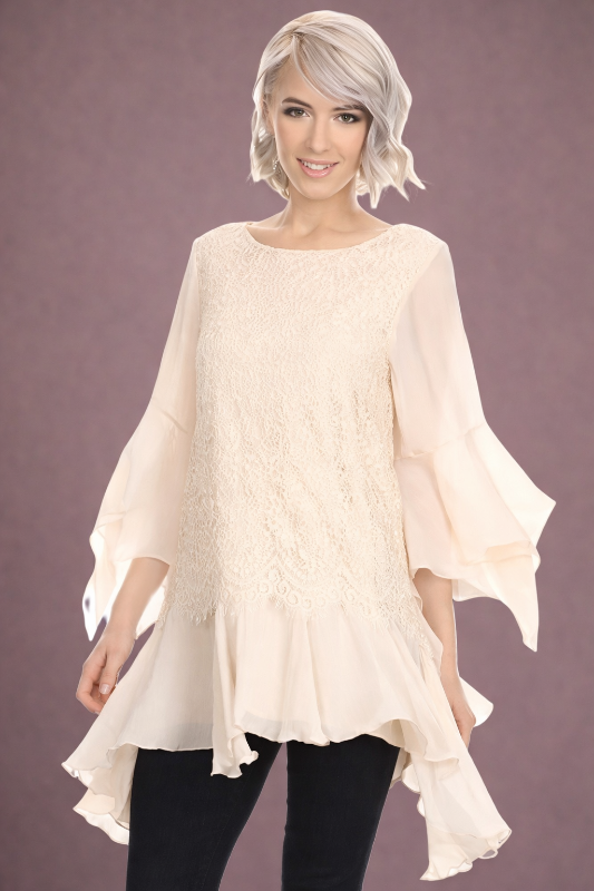 Sassy Bling Beige Lace Sharkbite Hem Layer Tunic