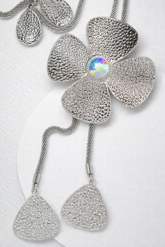 Large Petal Flower Silver Necklace Set
