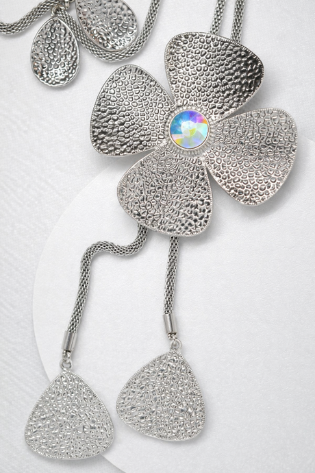 Large Petal Flower Silver Necklace Set