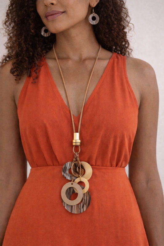 Boho Neutral Circle Pendant Long Necklace