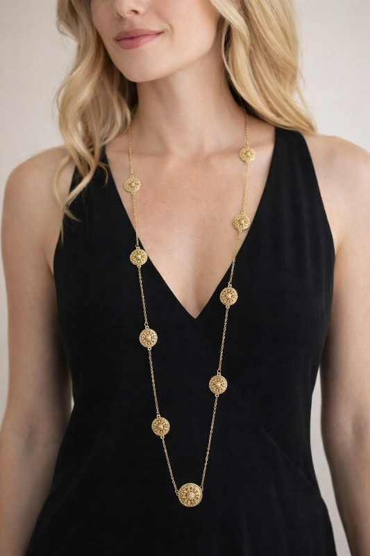 Golden Medallion CZ Long Necklace – 34"