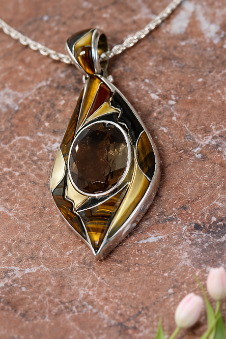 Large Tiger's Eye Smokey Quartz Pendant Necklace