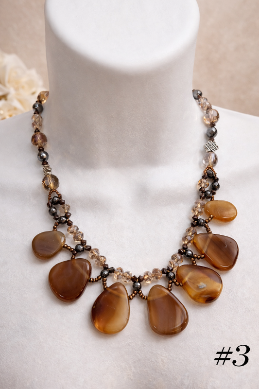 Agate Teardrop Bib Necklace with Faceted Crystal Beads – Artisan Statement Piece