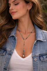 Blue Beaded Y-Drop Lariat Necklace with Pearl Accent – Delicate Layering Necklace