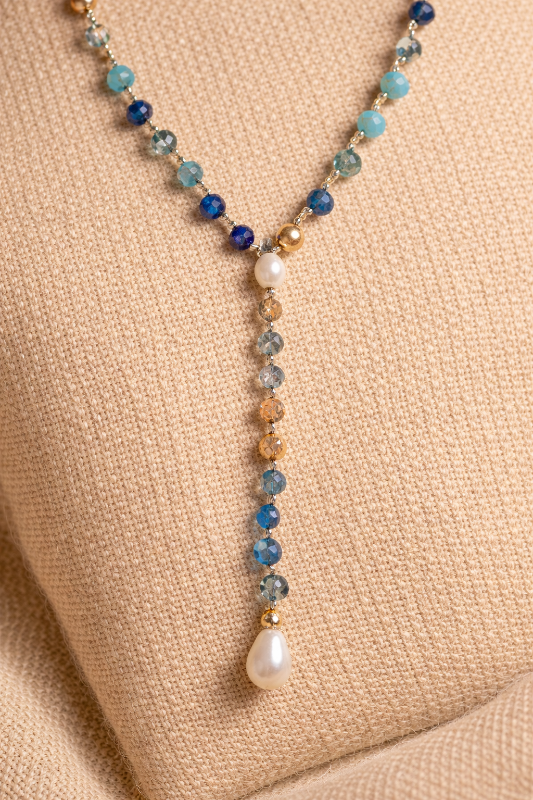 Blue Beaded Y-Drop Lariat Necklace with Pearl Accent – Delicate Layering Necklace