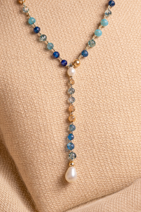 Blue Beaded Y-Drop Lariat Necklace with Pearl Accent – Delicate Layering Necklace