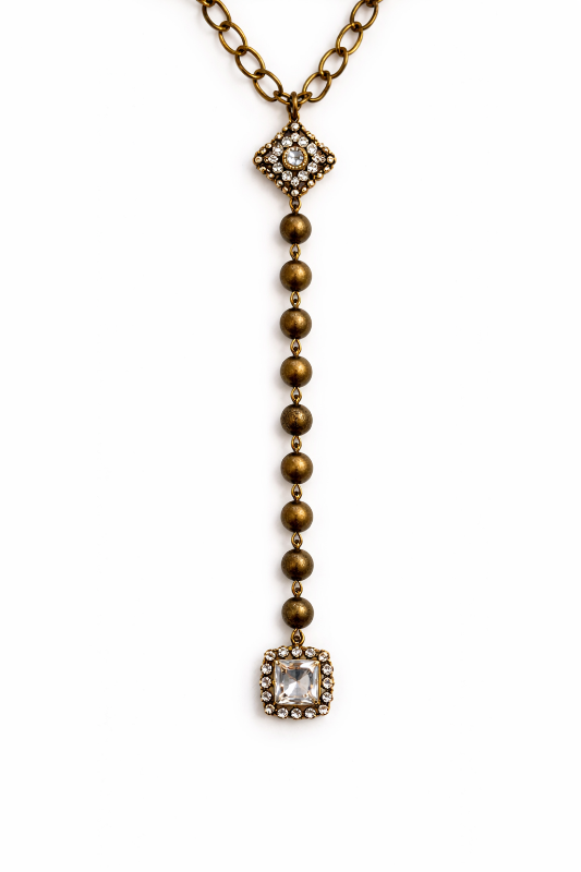 Victorian Crystal Y Necklace – Brass Chain Square Crystal Drop
