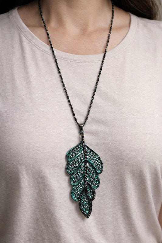 Sparkling Patina Leaf Necklace – Long 32" Beaded Chain