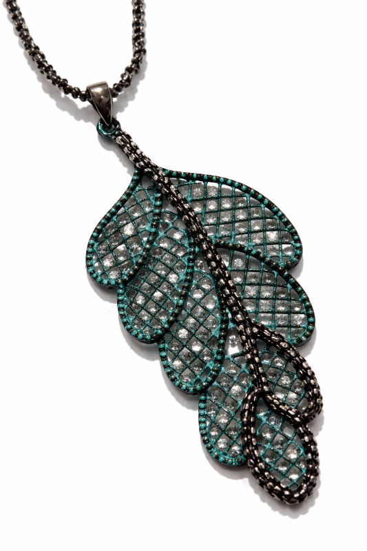 Sparkling Patina Leaf Necklace – Long 32" Beaded Chain