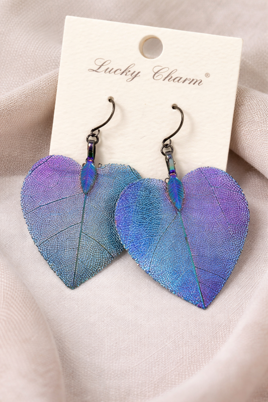 Iridescent Purple Blue Leaf Heart Earrings – Nature Inspired