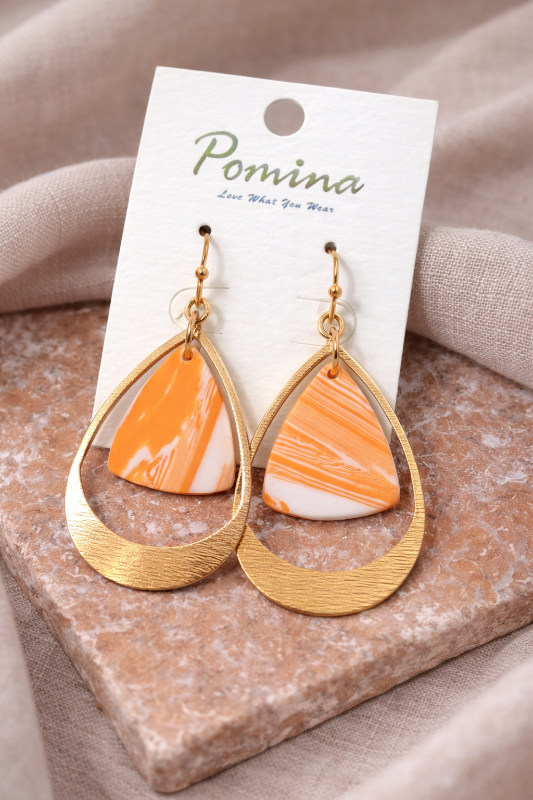 Clay & Metal Artsy Teardrop Earrings - Orange Gold