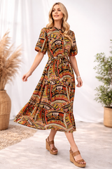 Gigio Bubble Sleeve Midi Dress with Waist Tie - Black Multi