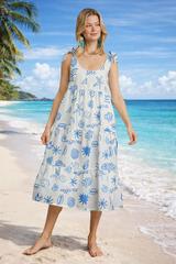 Umgee Ocean Print Beachy Tank Midi Dress - Blue