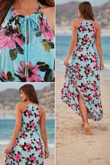 🌺 Blue Fuchsia Floral Maxi Dress – Halter Neck Slit Dress