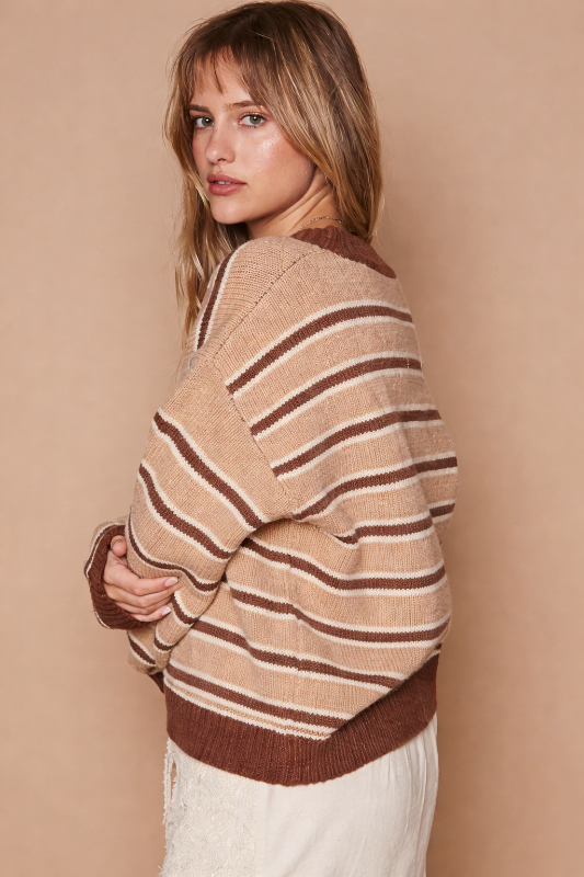 POL Cozy Star Patch Stripe Round Neck Sweater – Brown