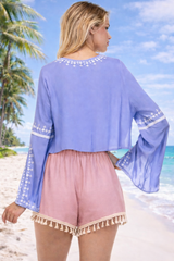 Honey Punch Lavender Embroidered Crop Top with Split Sleeves