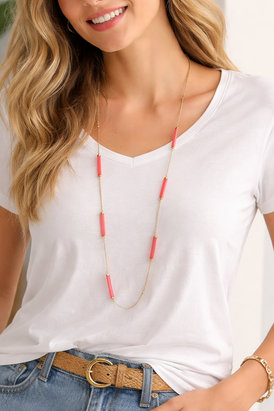 Fuchsia Bar Strand Necklace – 40" Gold Tone Layering Necklace