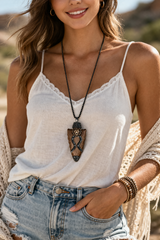 Lionhead Arrowhead Pendant Necklace – Boho Statement Wood & Rhinestone Necklace
