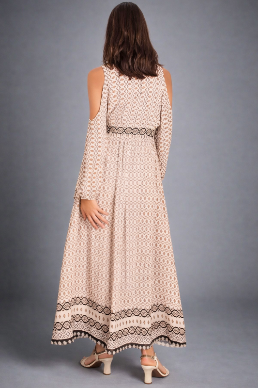 Boho Chic Cold Shoulder Maxi Dress – Neutral Print